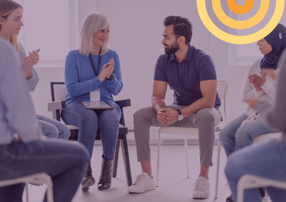woman and man talking in circle